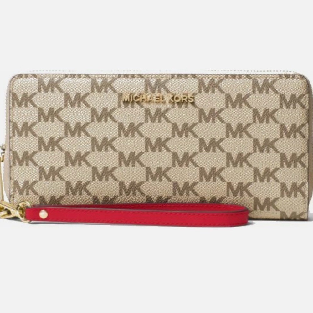 Michael Kors Jet Set Travel Continental Zip Wallet Wristlet Natural Red NWOT
